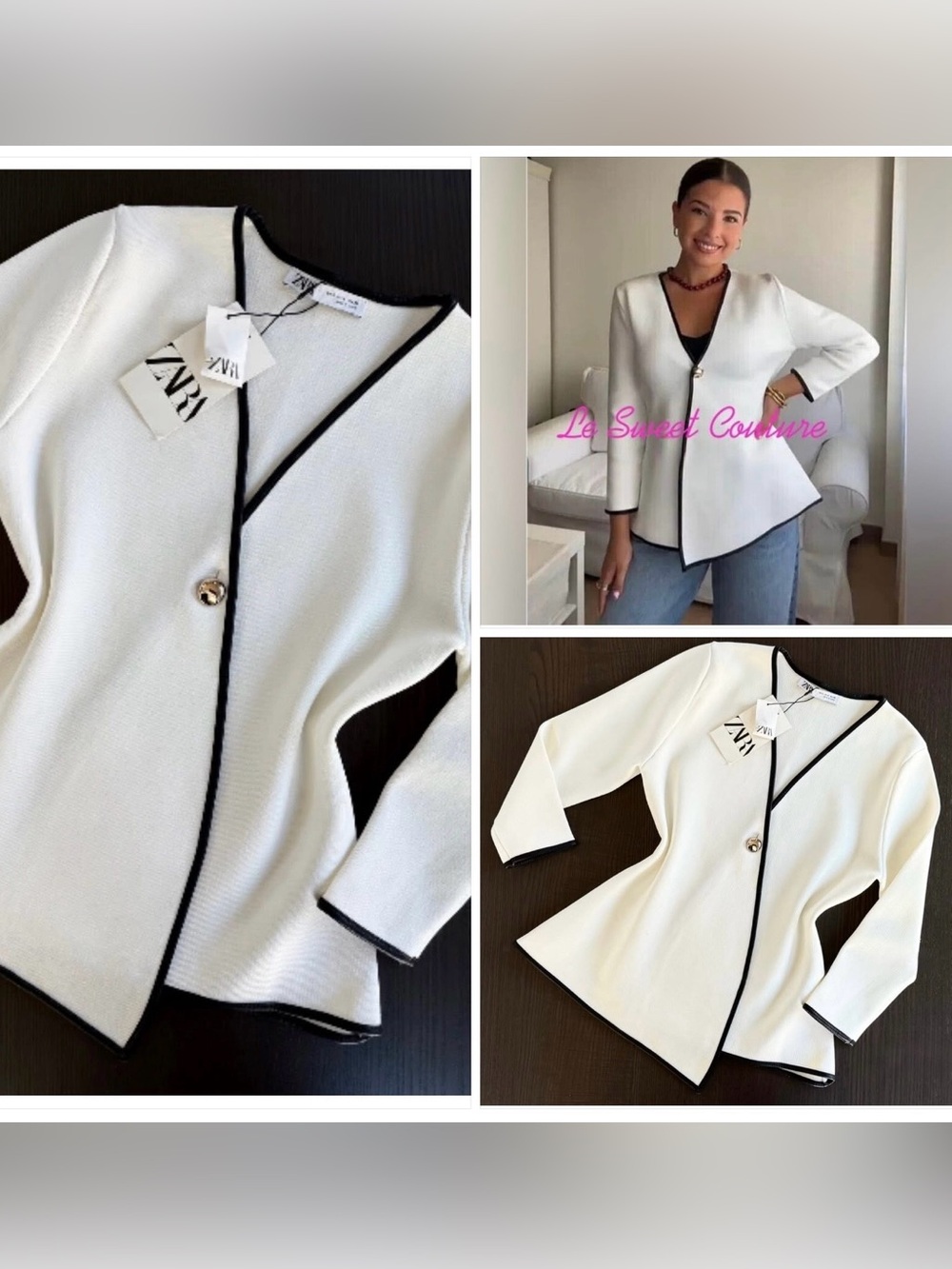 Zara Crossover White Textured Knit Blazer/Cardigan with Black Trim